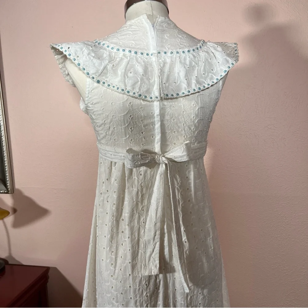Vintage 60 70 Cottagecore White Eyelet Lace Ruffle Sleeve Praire Maxi Dress - Picture 4 of 17